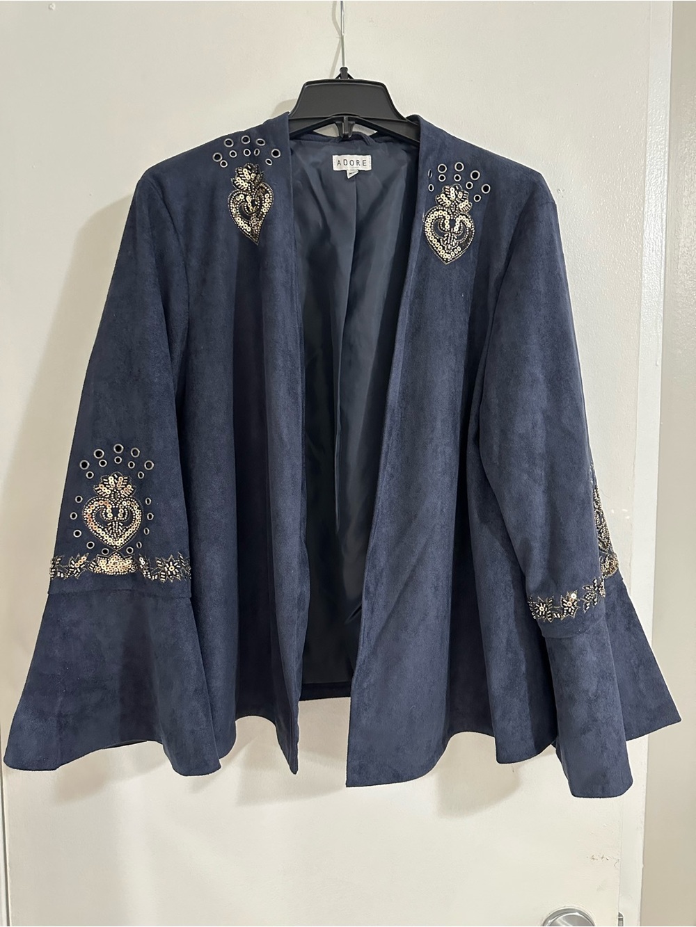 Adore Navy Embroidered Open-Front Suede-Look Blazer